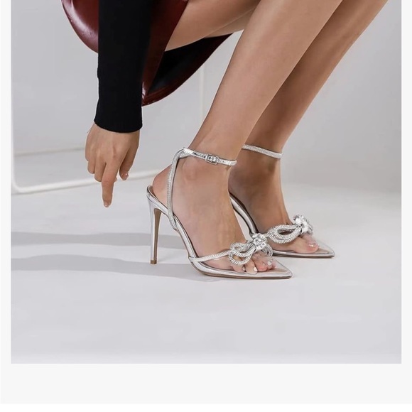 NIB Transparent Pump Rhinestone Strip Bowknot Pointed Toe Stiletto Sandals - Picture 4 of 13